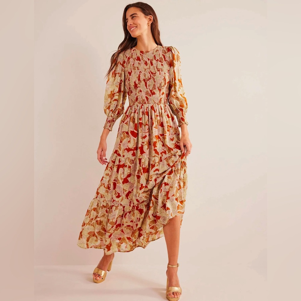 Boden smocked metallic maxi dress